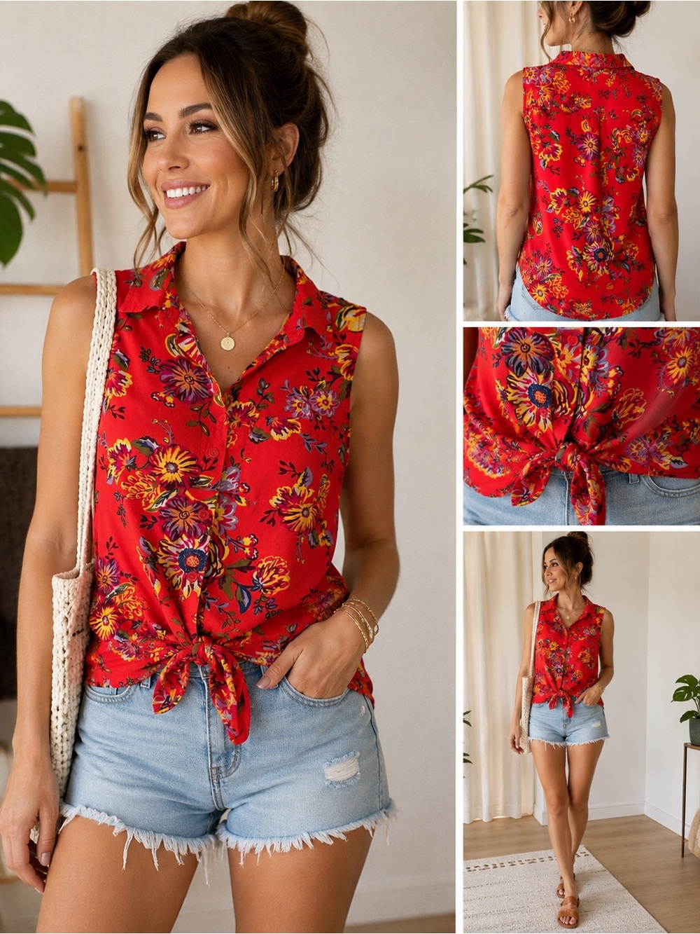 BeachLunchLounge Red Sleeveless Floral Tie-Front Blouse | Women’s Size S/P